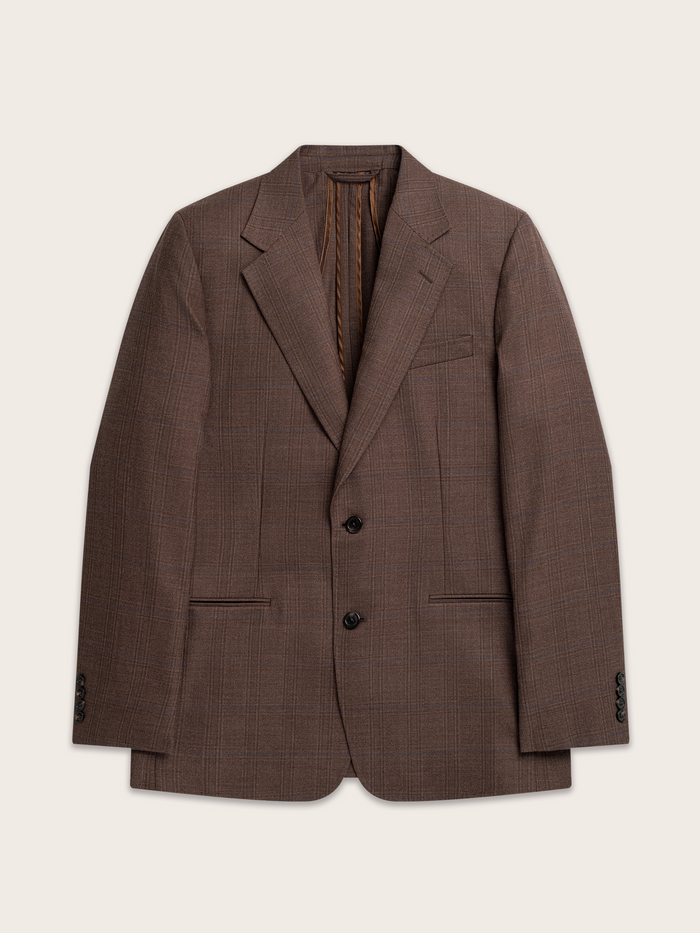 Brown plaid sportcoat laid flat, front view with notch lapels and chest pocket.