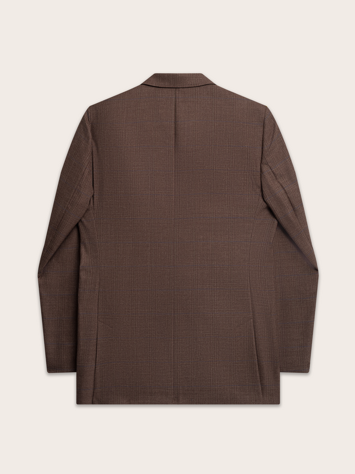 Brown plaid sportcoat laid flat, back view showing shoulders and center vent.