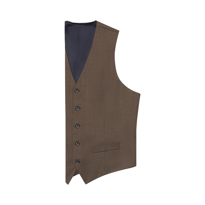 Brown suit vest laid flat, navy lining and a single welt pocket, angled view.