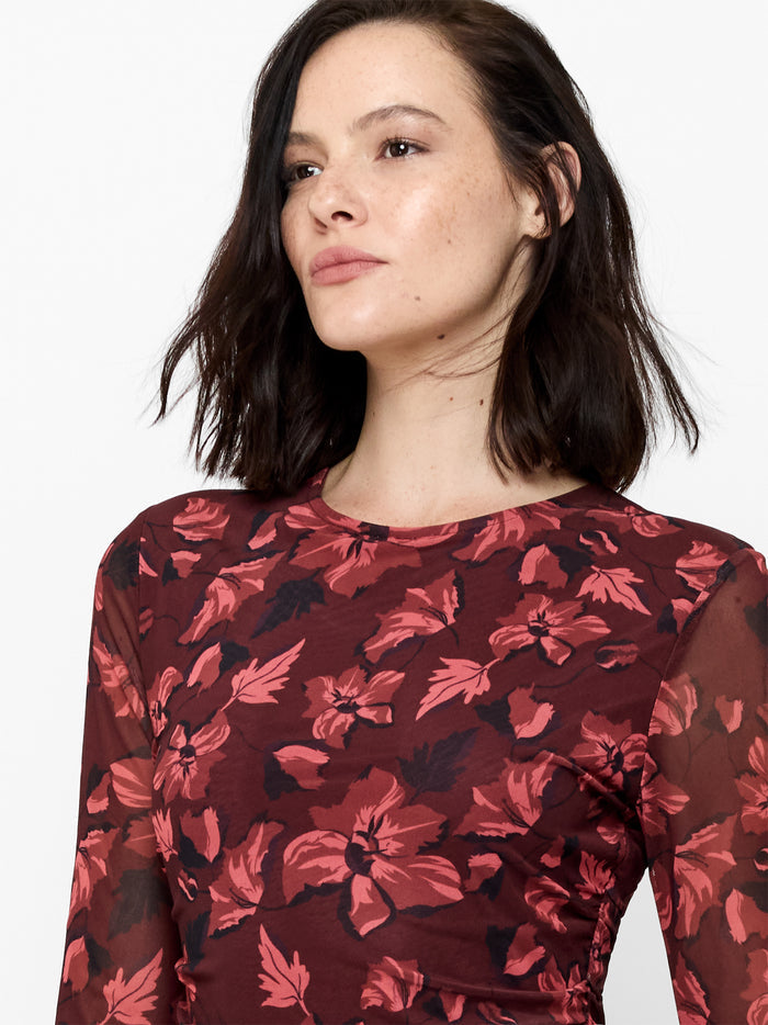Burgundy Floral Ruched Mesh Midi Dress