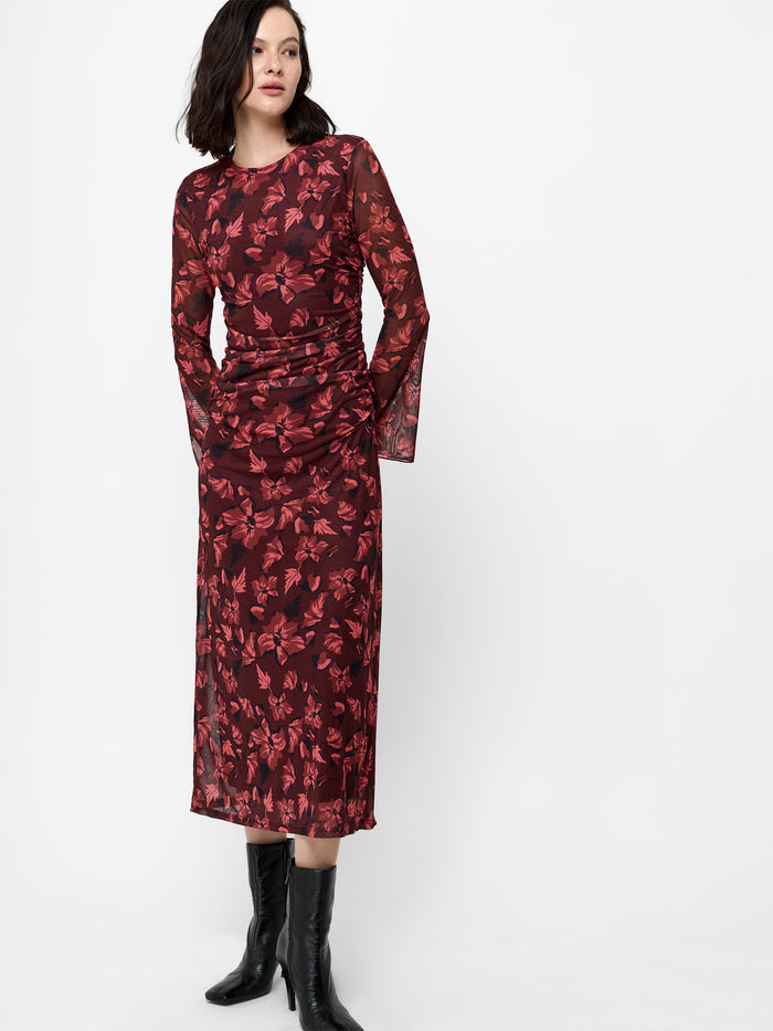 Burgundy Floral Ruched Mesh Midi Dress
