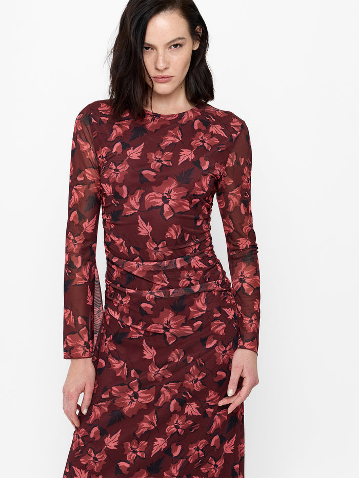 Burgundy Floral Ruched Mesh Midi Dress