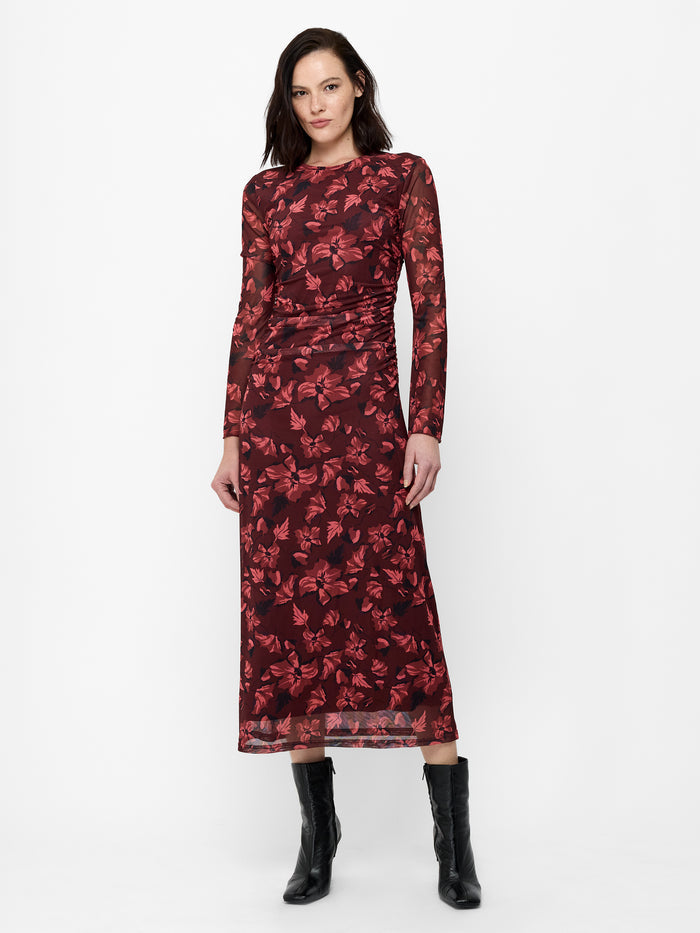 Burgundy Floral Ruched Mesh Midi Dress