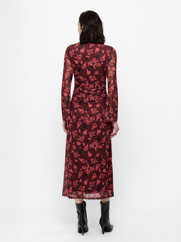 Burgundy Floral Ruched Mesh Midi Dress