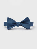Cadet blue satin bow tie, tied, front view on a white background