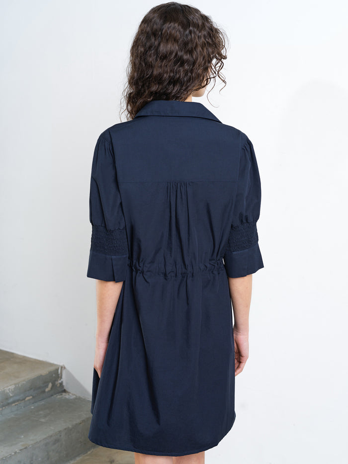 Cambria Cotton Cinched Waist Navy Mini Shirt Dress