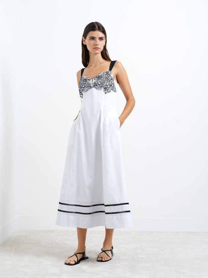 Cambria Cotton Embroidered Bust White Midi Dress
