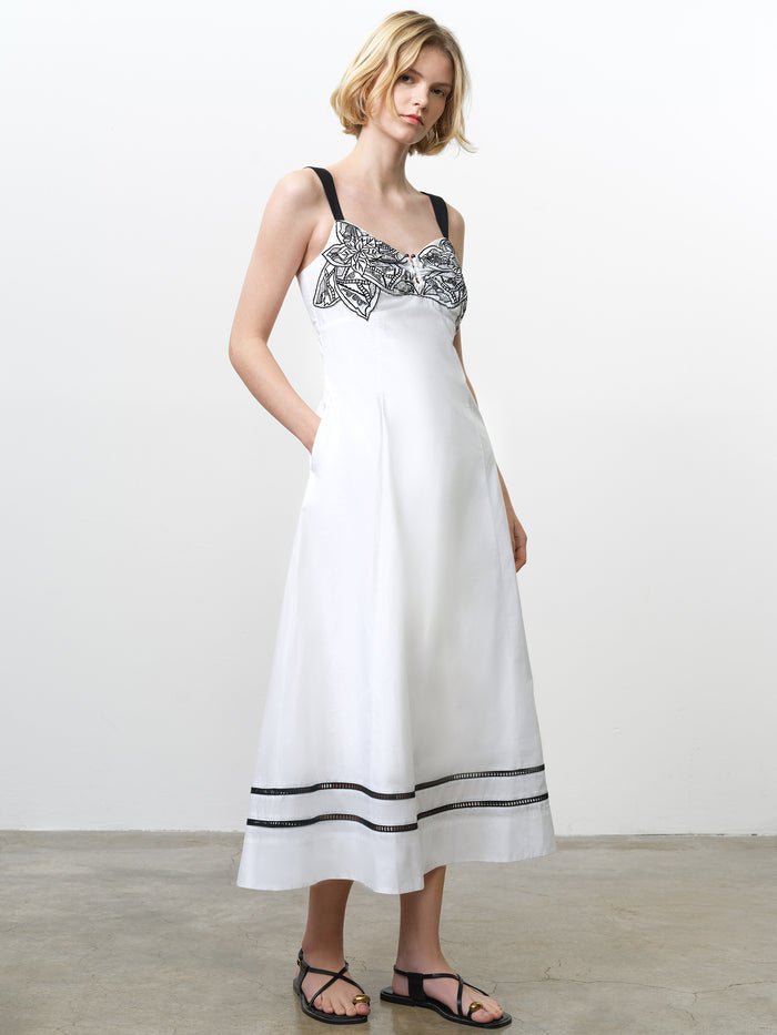 Cambria Cotton Embroidered Bust White Midi Dress