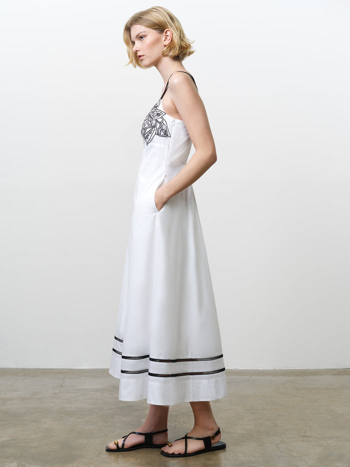 Cambria Cotton Embroidered Bust White Midi Dress