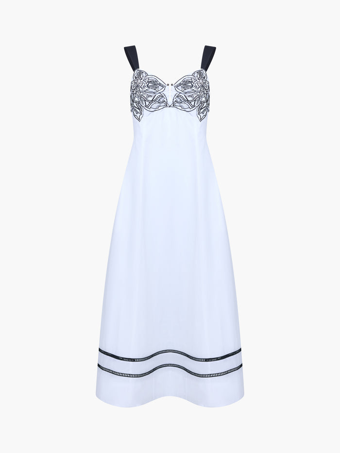 Cambria Cotton Embroidered Bust White Midi Dress