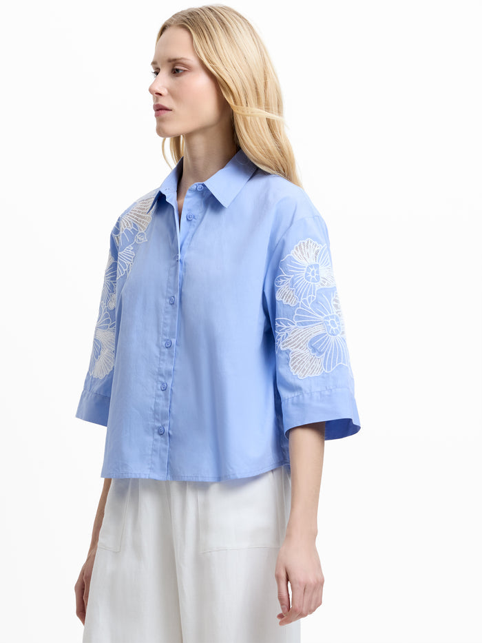 Cambria Cotton Floral Embroidered Blue Shirt