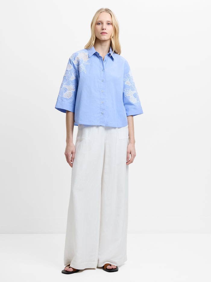 Cambria Cotton Floral Embroidered Blue Shirt