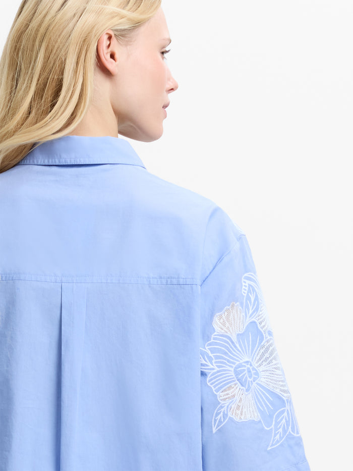 Cambria Cotton Floral Embroidered Blue Shirt