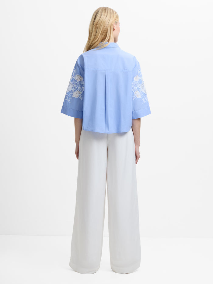 Cambria Cotton Floral Embroidered Blue Shirt