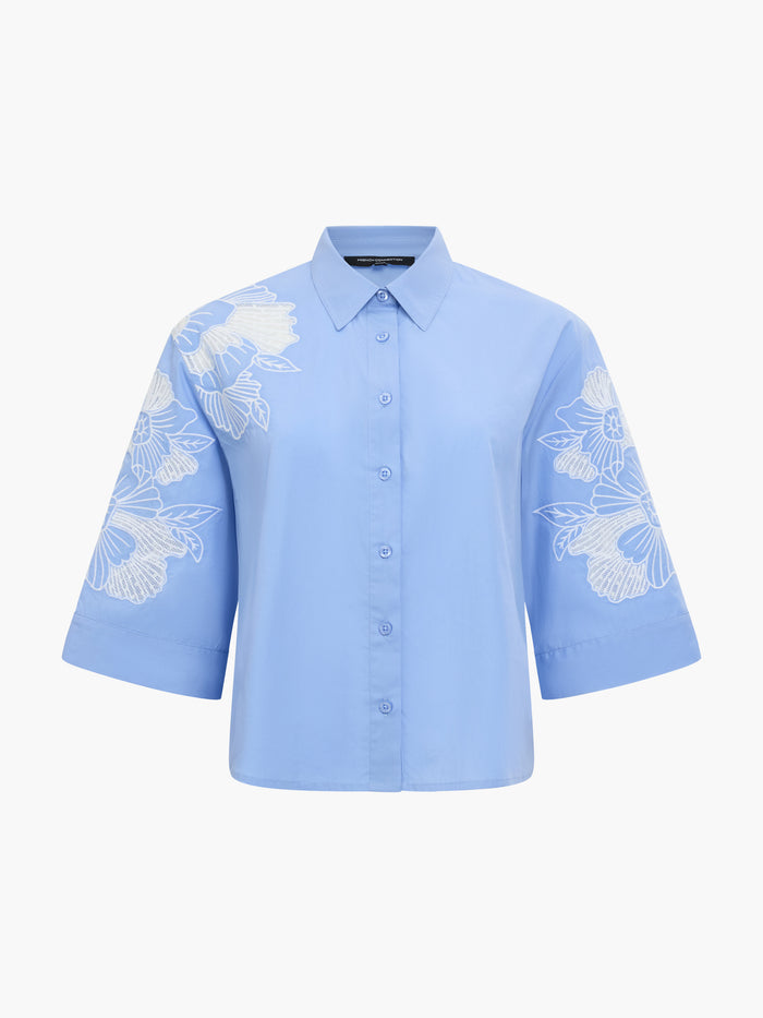 Cambria Cotton Floral Embroidered Blue Shirt