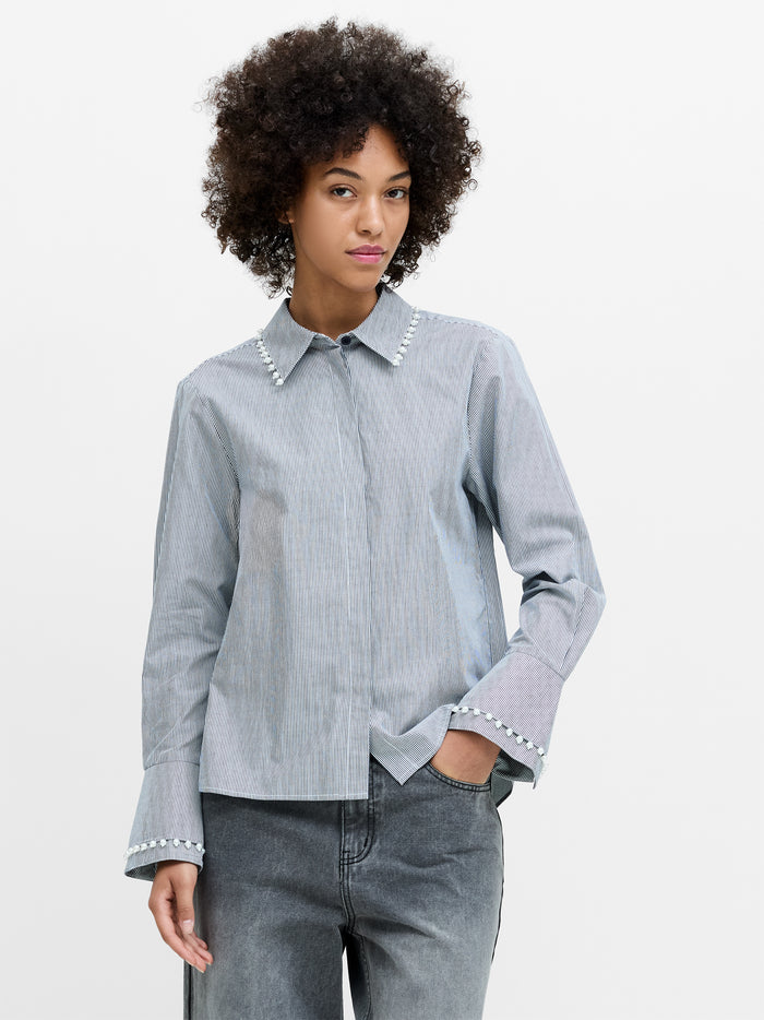 Cambria Cotton Pearl Trim Navy Stripe Shirt