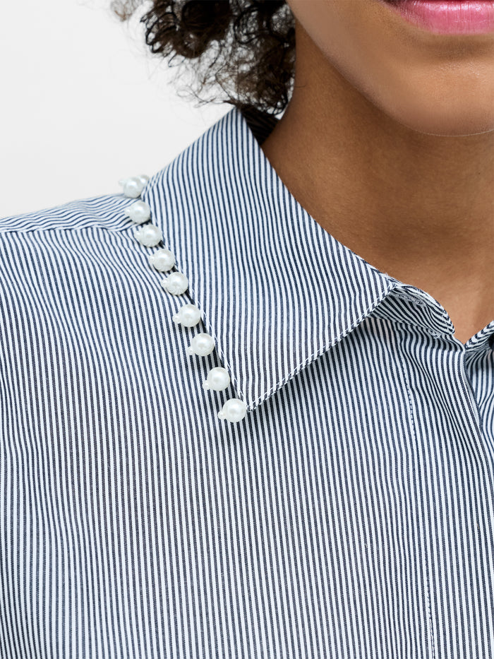 Cambria Cotton Pearl Trim Navy Stripe Shirt