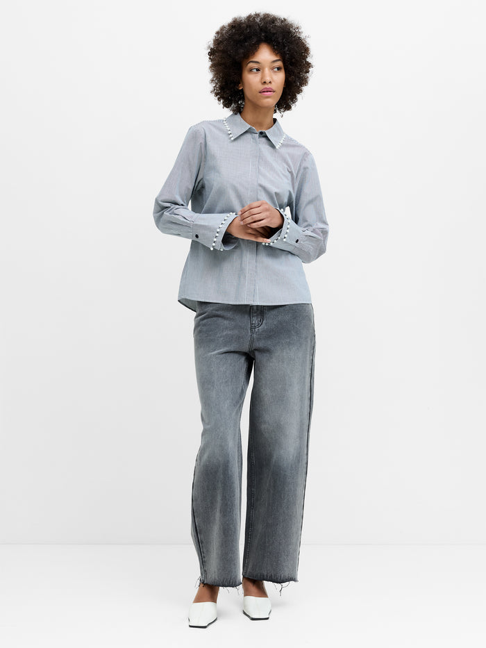 Cambria Cotton Pearl Trim Navy Stripe Shirt