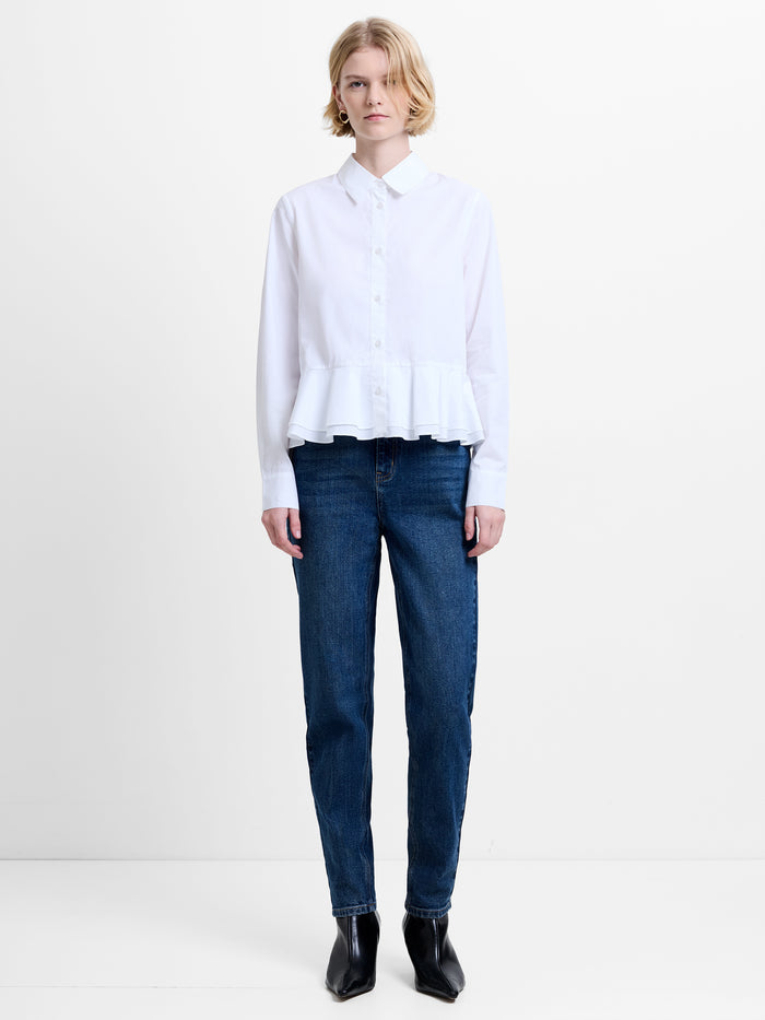 Cambria Cotton Ruffle Hem White Peplum Shirt