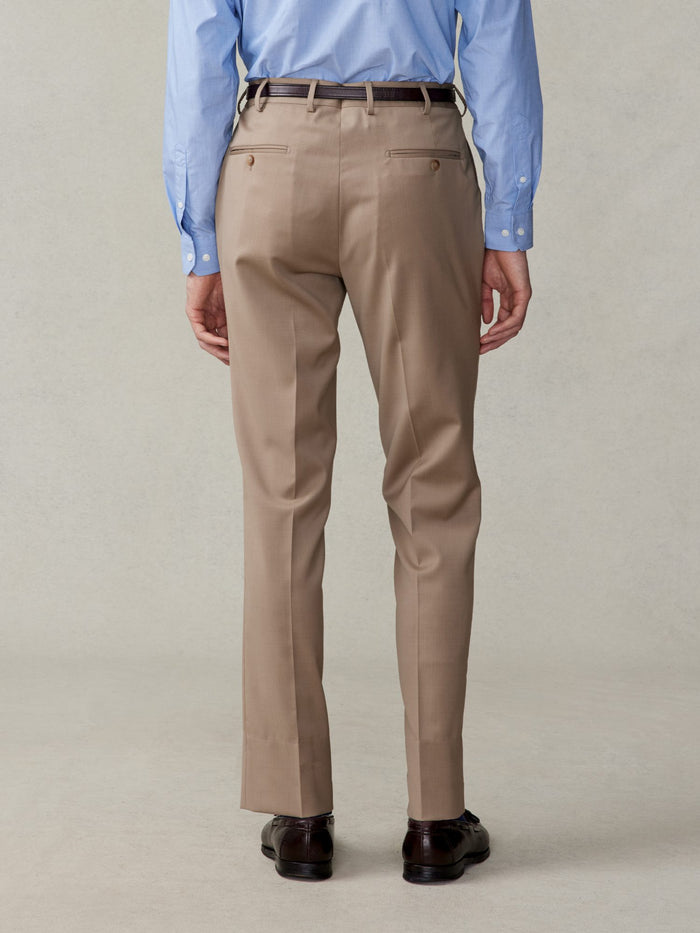 Cropped back view of a man in camel suit trousers and a light blue shirt.