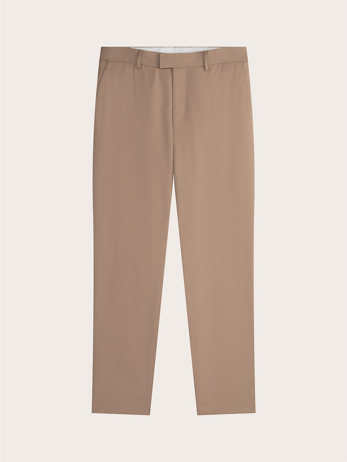 Camel suit trousers laid flat, front view with belt loops and straight leg.