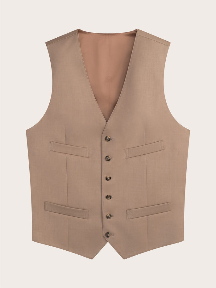 Camel suit vest laid flat, front view with button front and four pockets.