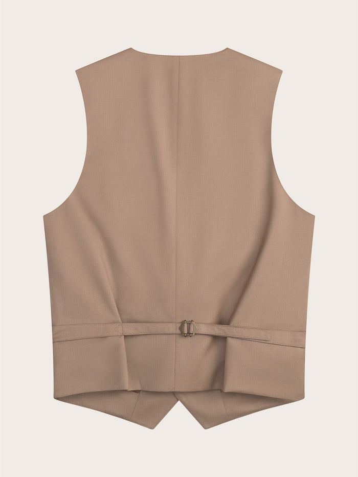 Camel suit vest laid flat, back view with adjustable strap.