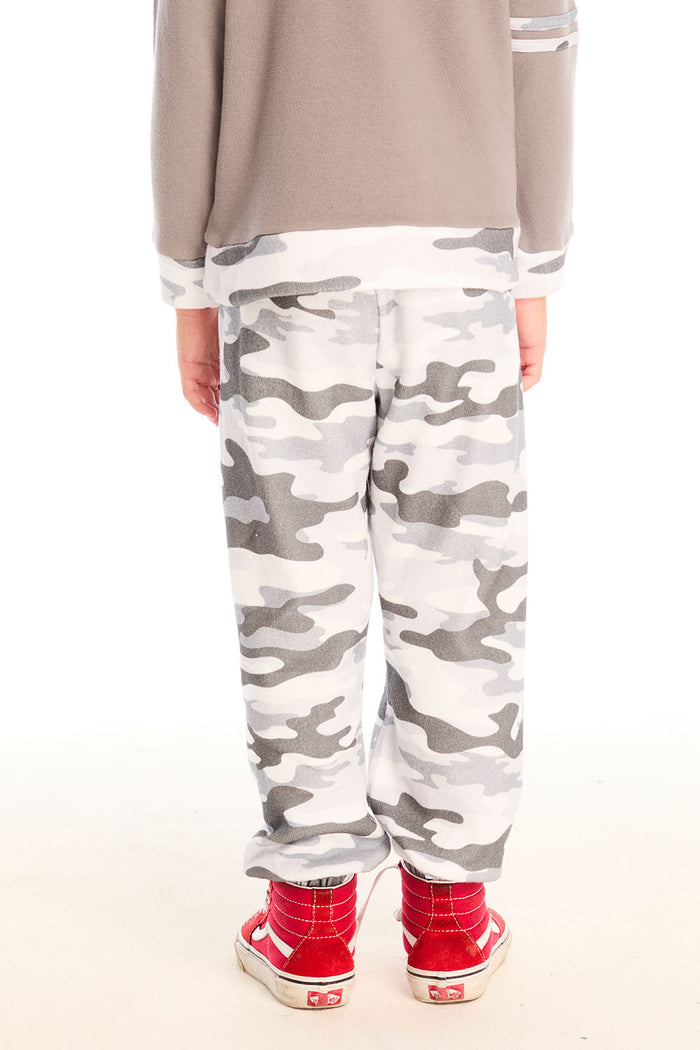 Back view of boy wearing Chaser’s Camo Pants in gray camouflage on a white background.