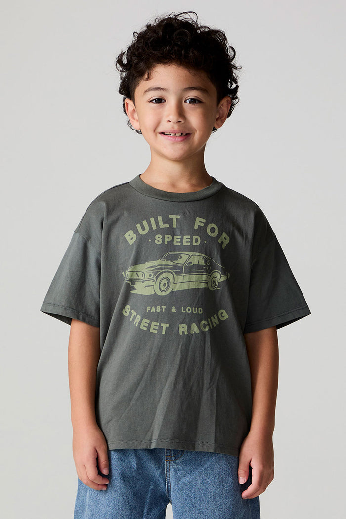 Front view of a boy wearing the Chaser  Car Show Tee on a neutral background