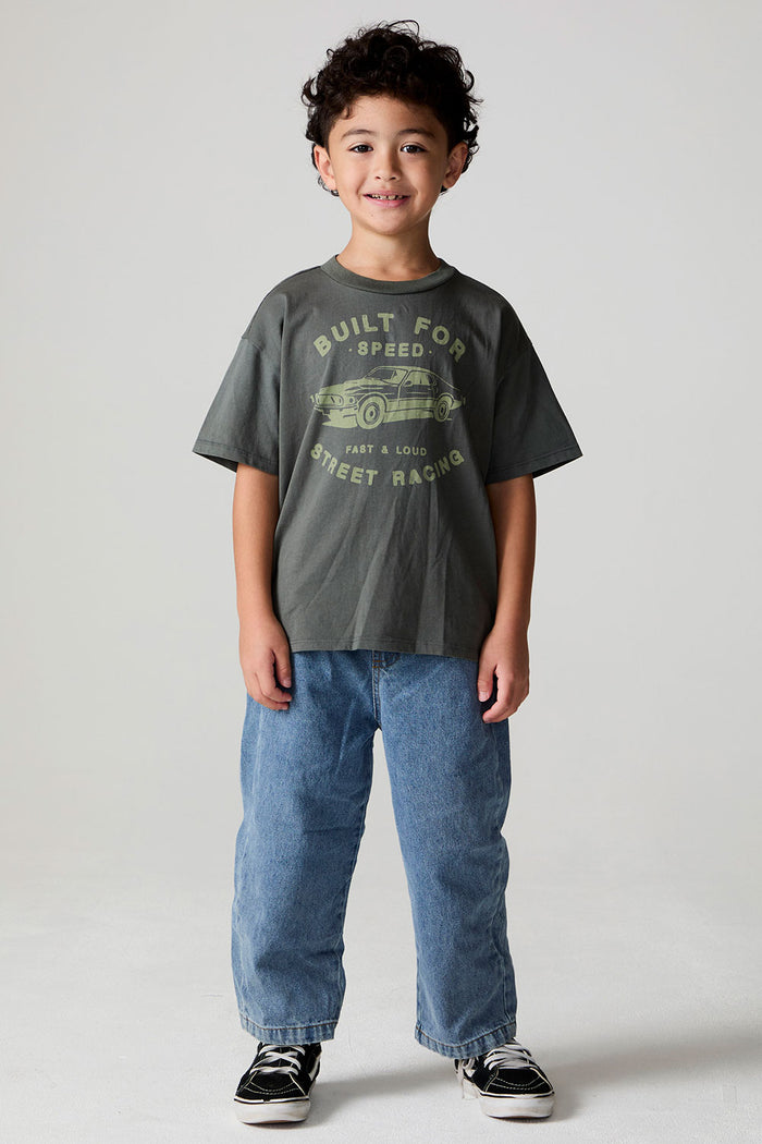 Full body front view of a boy wearing the Chaser  Car Show Tee on a neutral background