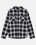 A long-sleeve button-up flannel shirt with a black and white plaid pattern, featuring two buttoned chest pockets, shown against a light gray background.