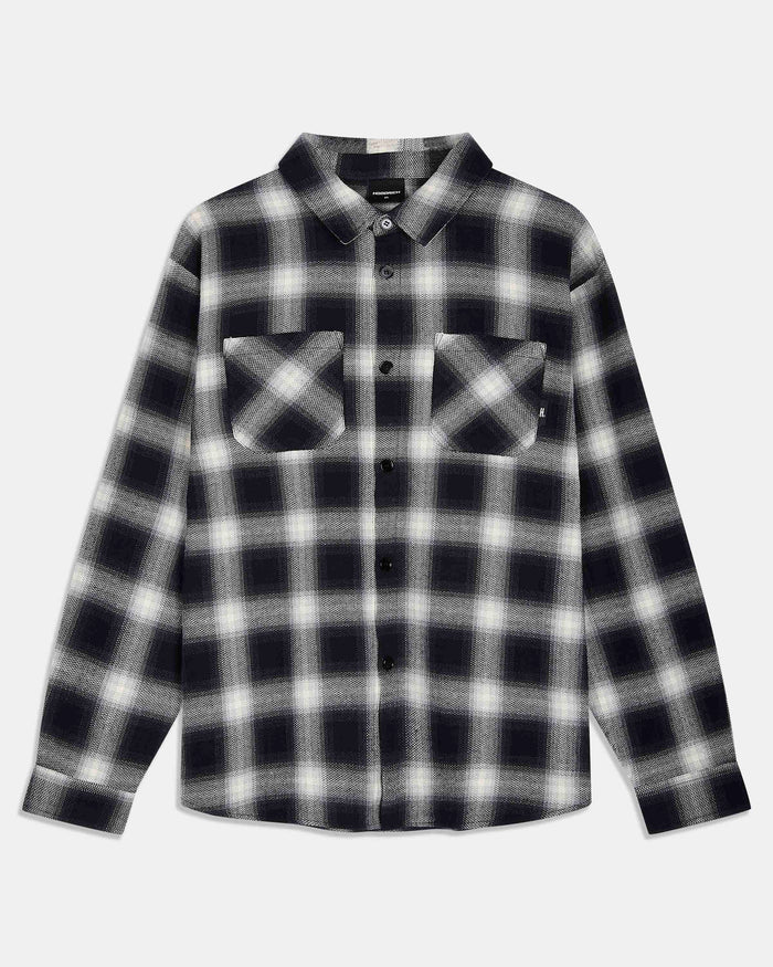 A long-sleeve button-up flannel shirt with a black and white plaid pattern, featuring two buttoned chest pockets, shown against a light gray background.