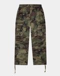 A pair of camouflage cargo pants with a green, brown, and black camo pattern, featuring a drawstring waist and hem, and a small black embroidered logo on the right thigh.