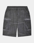 A pair of dark gray washed corduroy cargo shorts with a visible 'Hoodrich' logo on the right pocket, displayed flat against a light gray background.