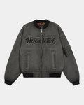 Gray bomber jacket with 'Hoodrich' logo on a white background