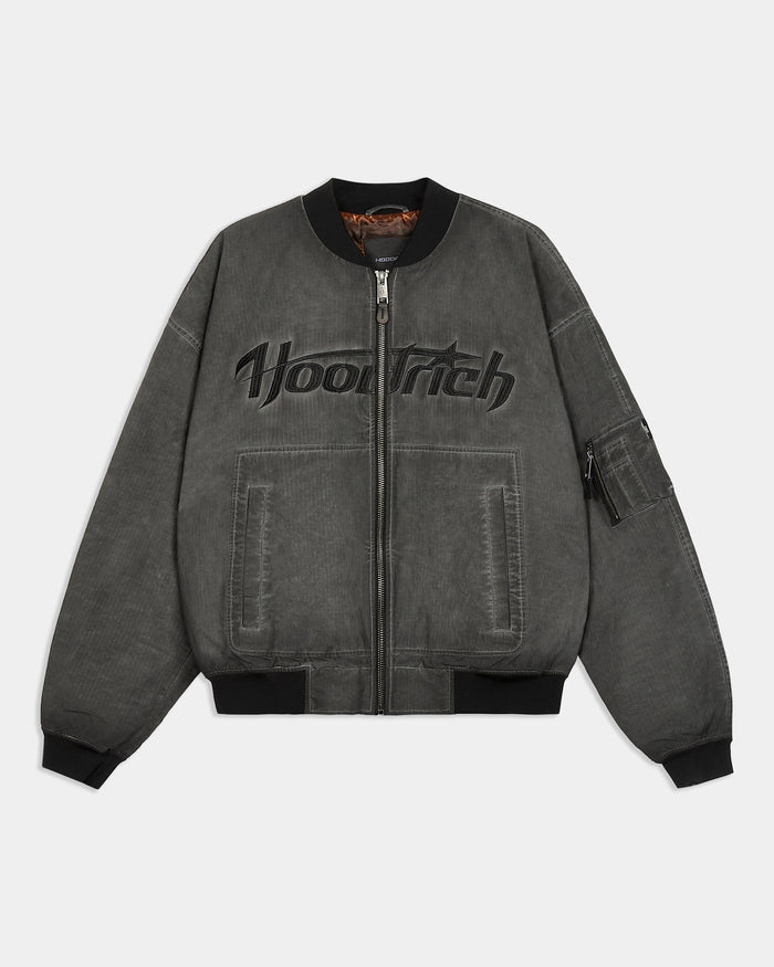 Gray bomber jacket with 'Hoodrich' logo on a white background