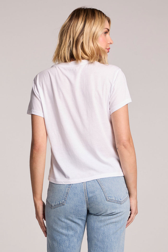 Back view of a woman wearing the Chaser  Catch Of The Day Tee on a neutral background