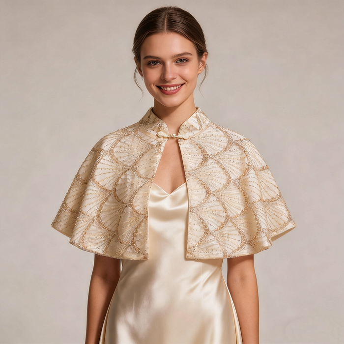 Handmade champagne sequin beaded bridal cape with elegant embroidery for weddings.