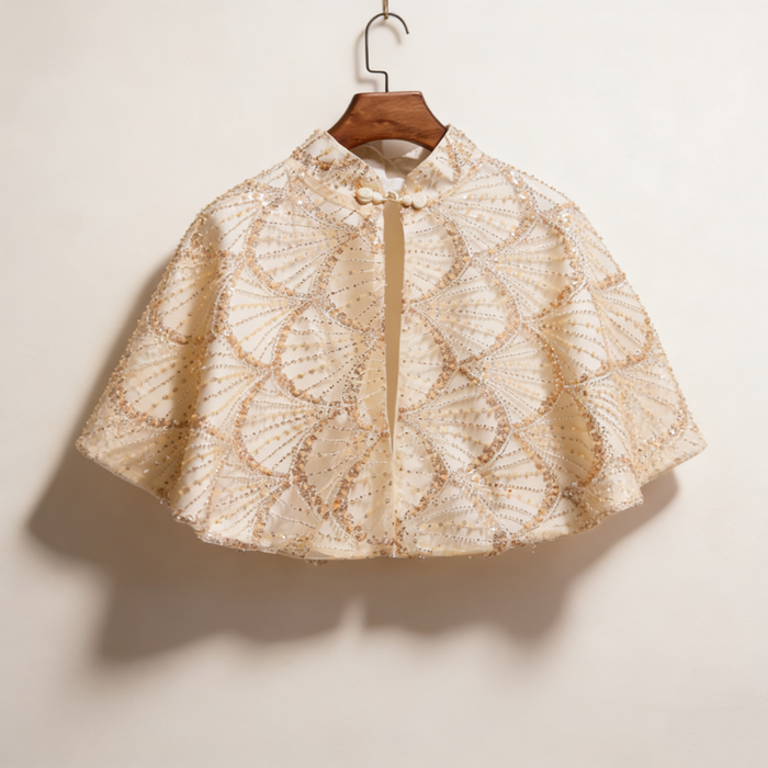 Handmade champagne sequin beaded bridal cape with elegant embroidery for weddings.