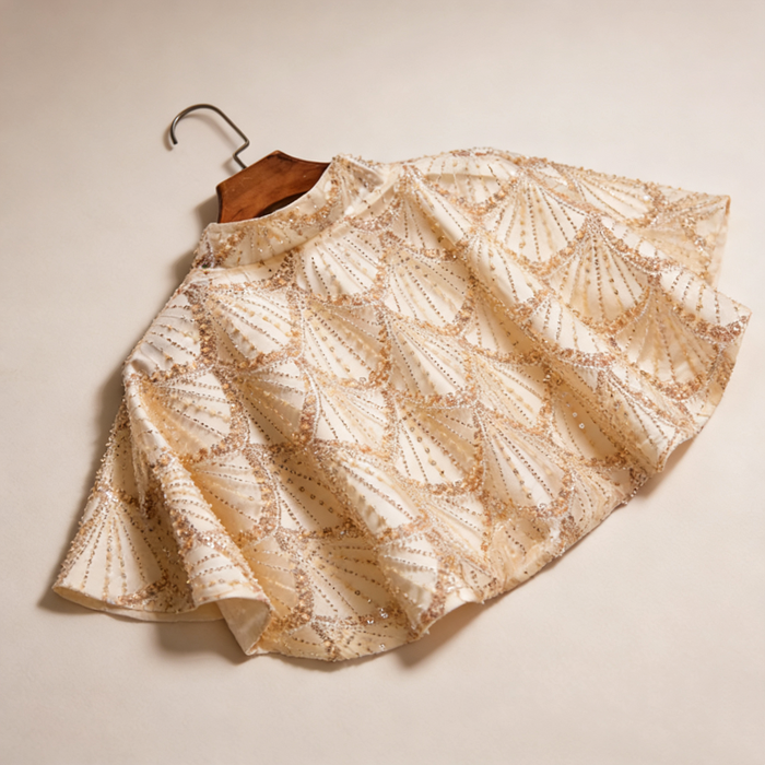 Handmade champagne sequin beaded bridal cape with elegant embroidery for weddings.