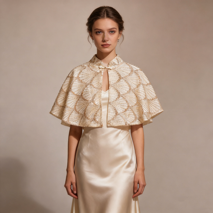 Elegant bridal shoulder cape featuring shimmering sequins and handcrafted bead embroidery.