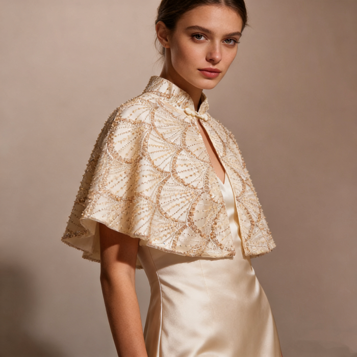 Elegant bridal shoulder cape featuring shimmering sequins and handcrafted bead embroidery.