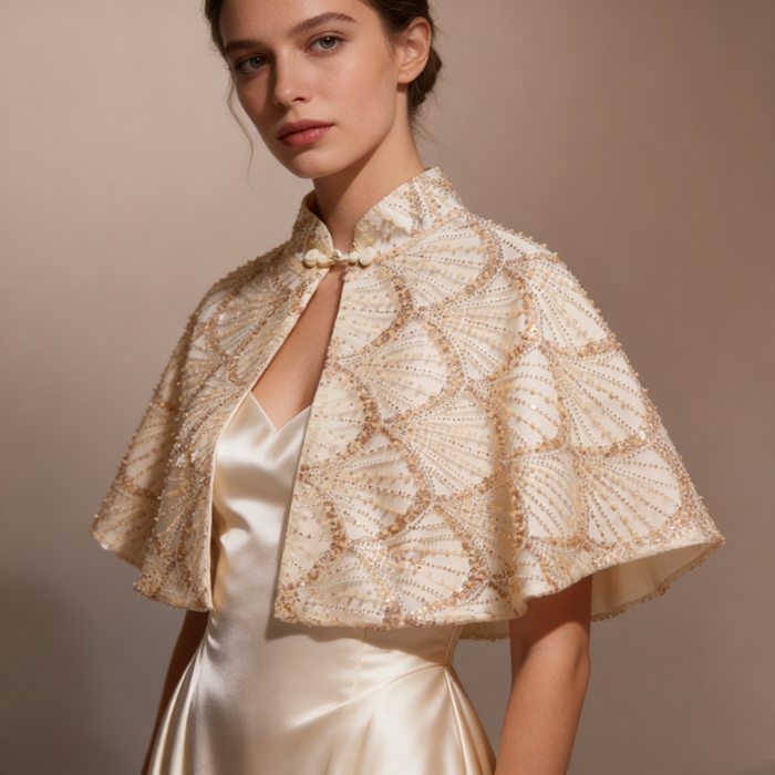 Elegant bridal shoulder cape featuring shimmering sequins and handcrafted bead embroidery.