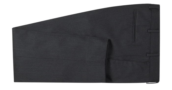 Charcoal suit trousers folded flat, back pocket and belt loop tabs visible.