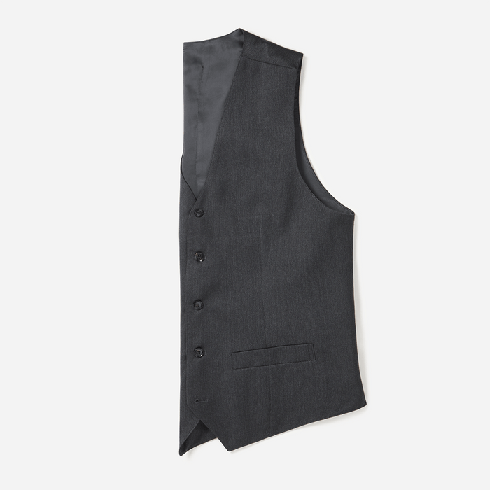 Charcoal suit vest laid flat, side view showing satin lining and button front.