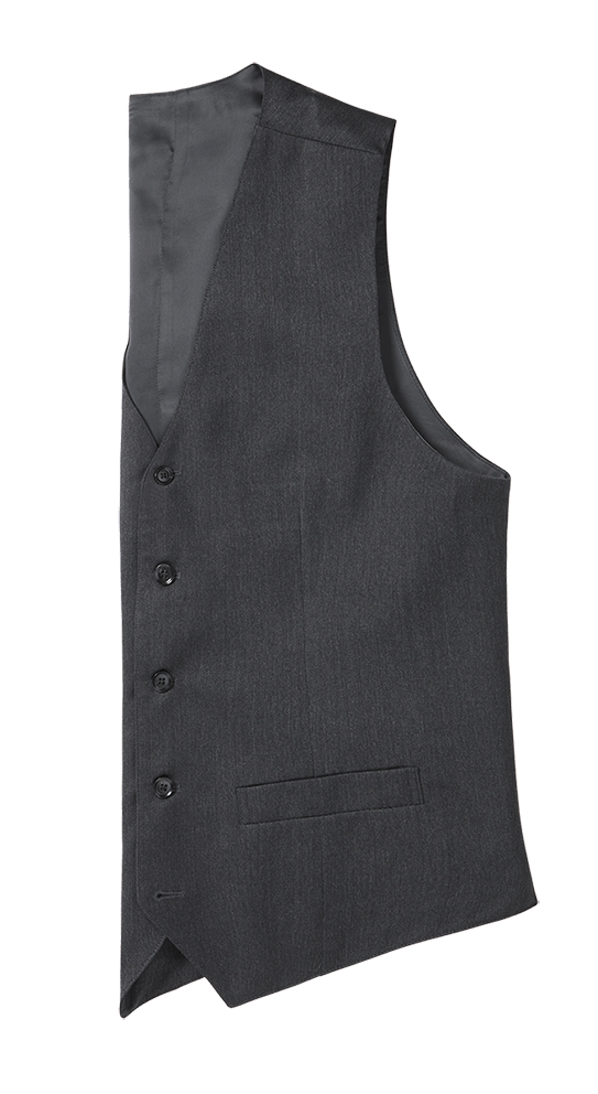 Charcoal suit vest laid flat at an angle, showing button front and welt pocket.