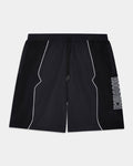Black athletic shorts with white contrast piping and a vertical white 'HOODRICH' logo on the left leg, shown flat against a light gray background.