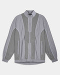 A gray zip-up jacket with a subtle grid pattern on the sleeves and front panels, featuring white piping details and a high collar, shown against a light gray background.