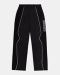 Black pants with white piping and branding on a light gray background