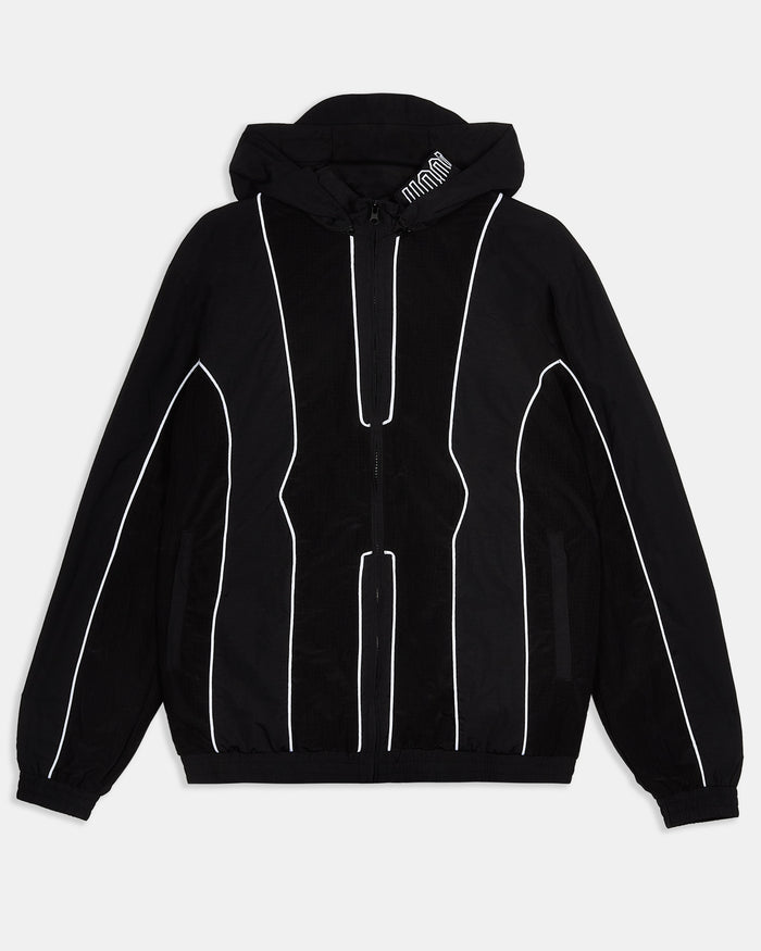 Black hoodie with white lines on a light gray background
